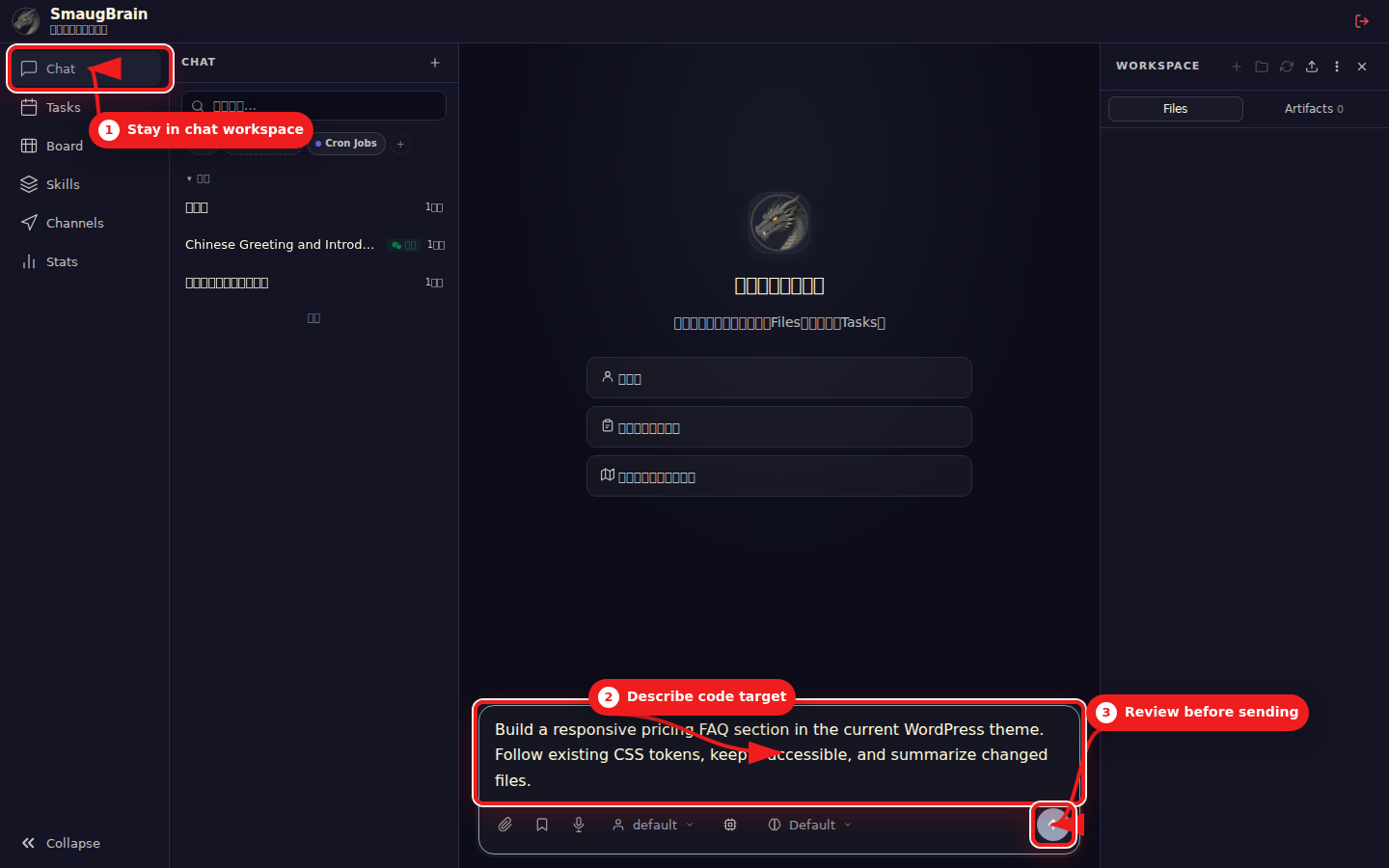 Annotated screenshot showing a coding task setup.