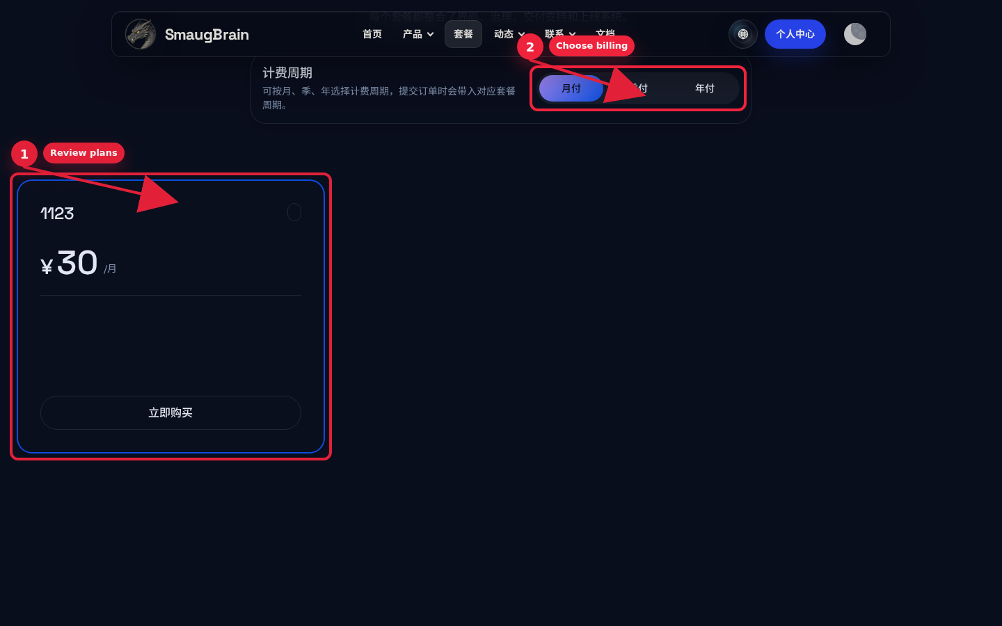 Annotated screenshot showing where to review plans and usage.