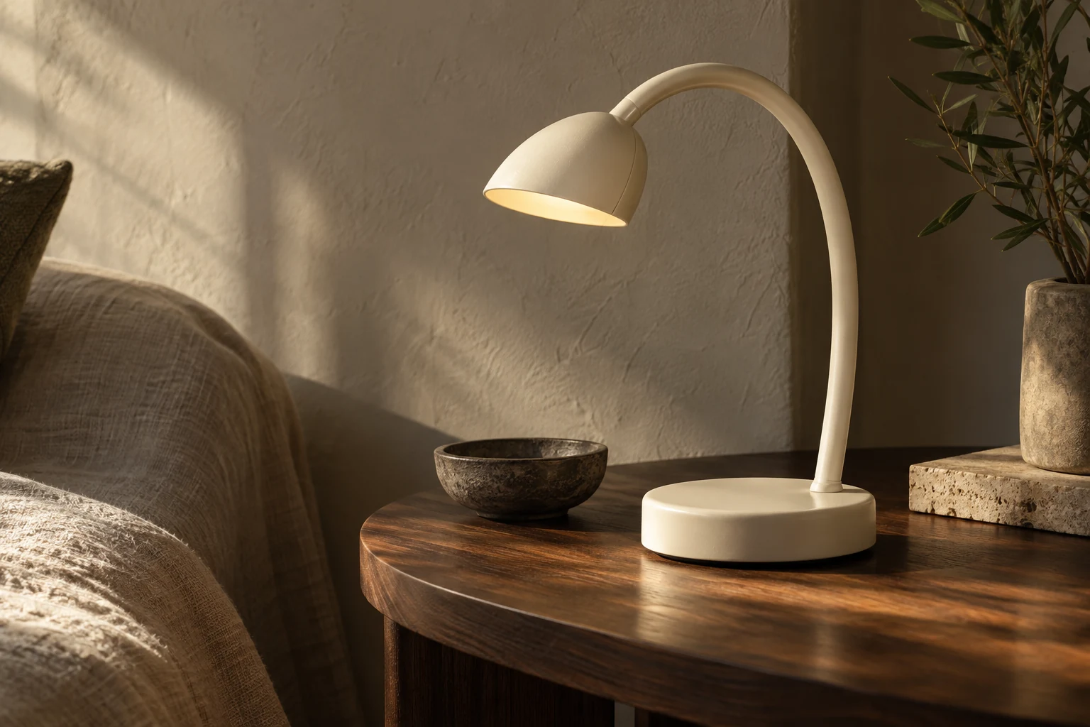 A fictional ivory reading lamp, shown as a product concept in a warm room.