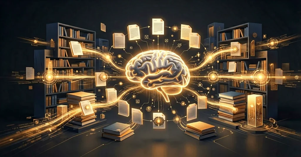 AI Agent knowledge base visualization with connected knowledge nodes and data flows