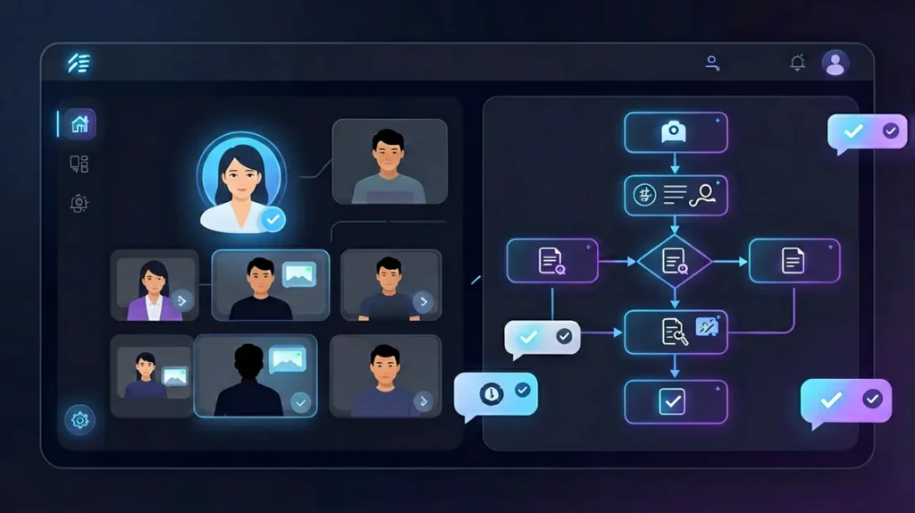 AI Agent customer service dashboard workflow visualization showing automated inquiry handling with knowledge base matching and resolution pipeline