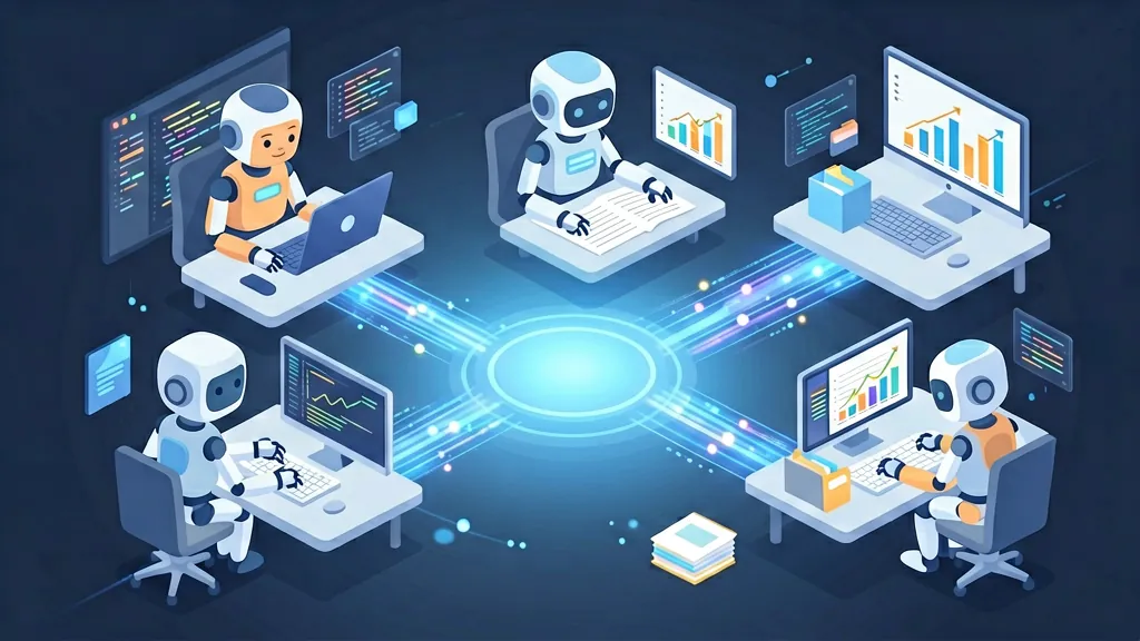 Multiple AI agents collaborating on different tasks in a shared digital workspace
