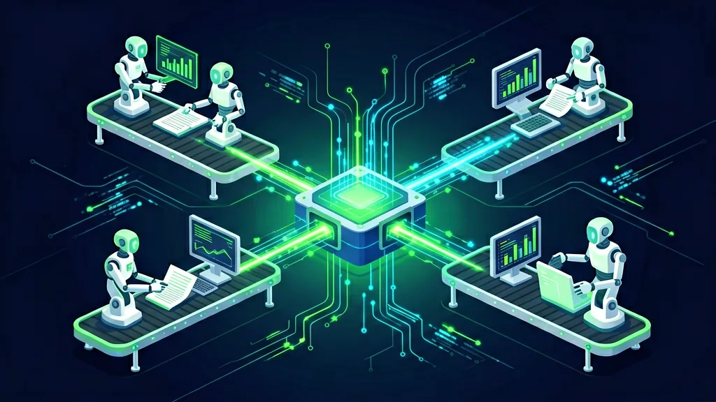Multiple AI agents working in parallel on different tasks simultaneously