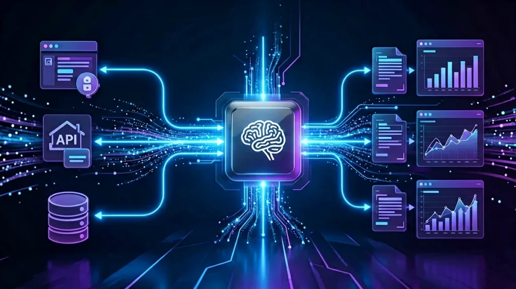 AI Agent data pipeline visualization showing data sources flowing through SmaugBrain processing node to automated charts and reports