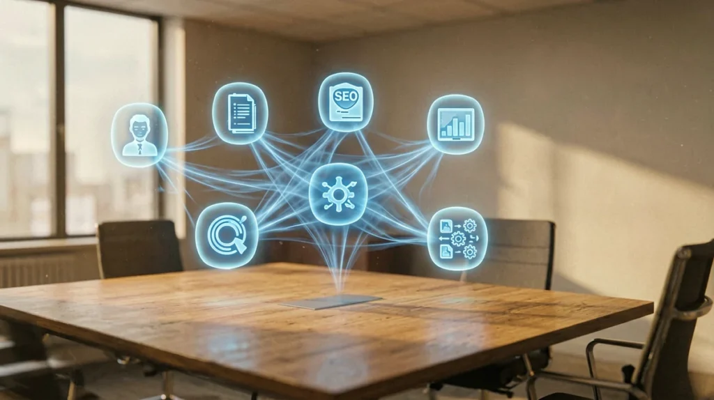 SmaugBrain architecture with six specialized AI agents coordinated by an orchestration engine