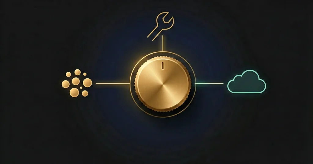 AI agent cost control dial connecting tokens, tools, and cloud compute
