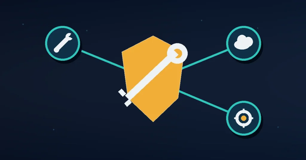 AI agent credential security shield connecting a cloud, tool, and vault