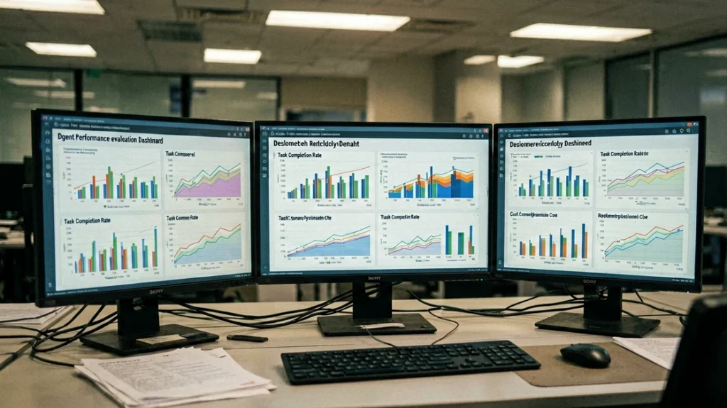 AI Agent evaluation dashboard showing task completion rates, cost analysis, and key metrics