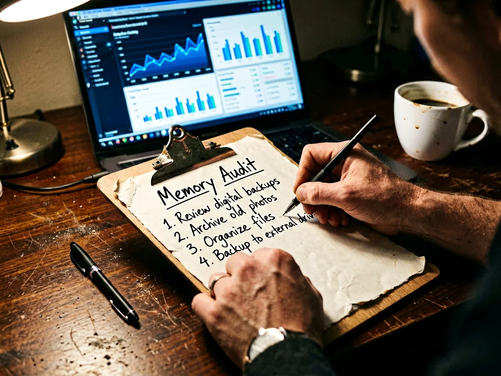 Hands writing on a clipboard with memory audit checklist next to a laptop showing data dashboard