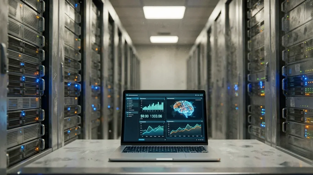 Data center server racks with a laptop dashboard showing AI agent memory usage and token consumption metrics