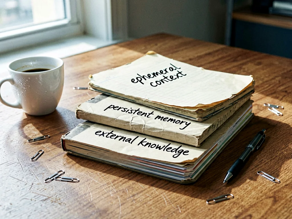 Three stacked notebooks labeled ephemeral context persistent memory and external knowledge on a desk with natural light