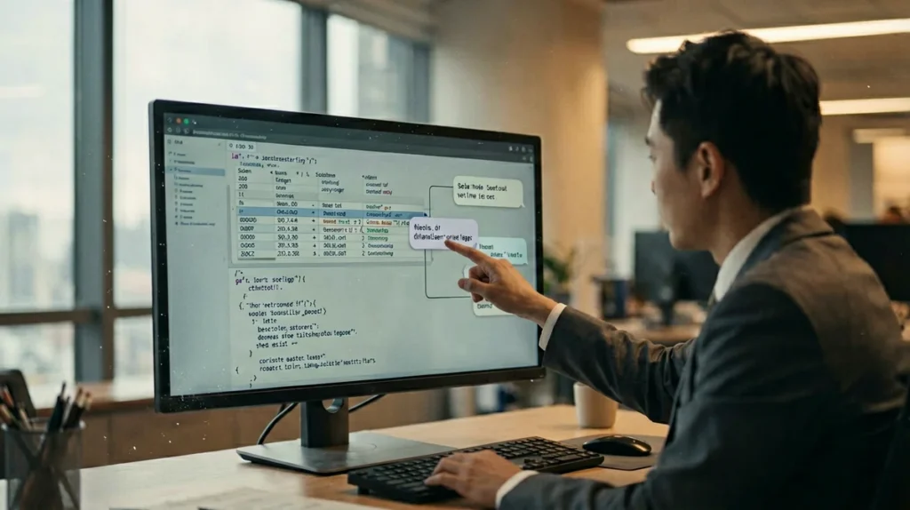 NL2SQL concept showing a professional querying a database through natural-language conversation