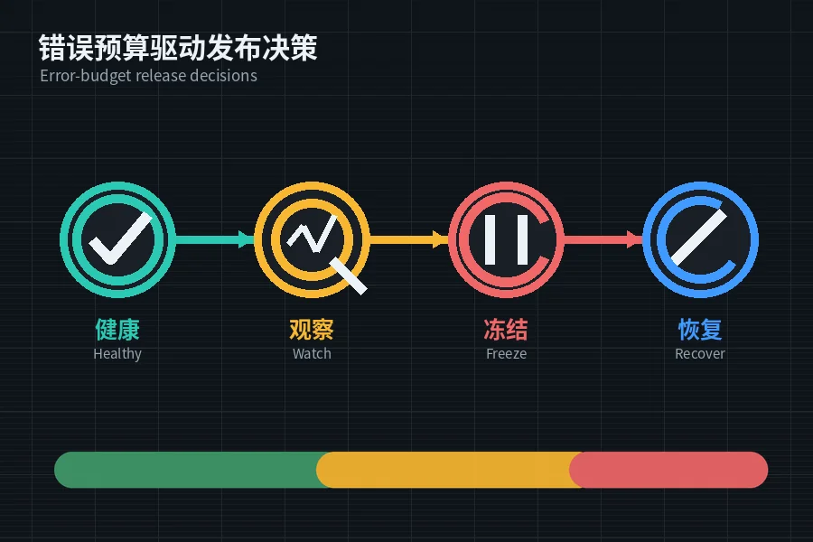 Error budget release path from healthy operation through watch, freeze, and recovery