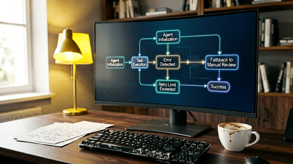 AI agent workflow diagram on a monitor in a modern tech workspace with natural lighting
