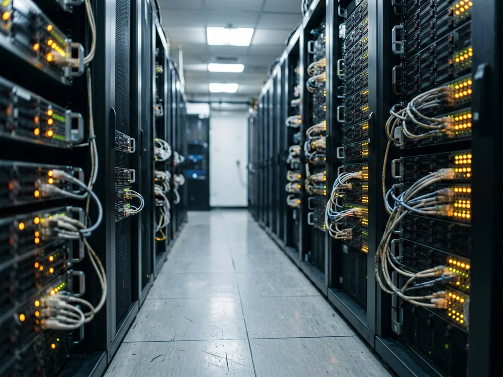 Enterprise server rack aisle in a data center with blinking status LEDs and cable management
