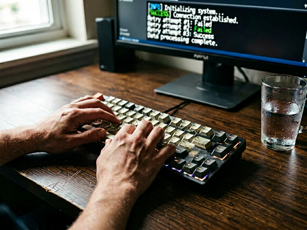 Developer typing on a mechanical keyboard with log output monitor in background