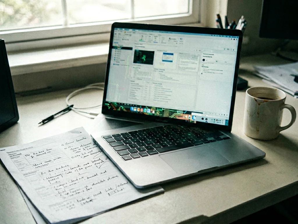 Professional desk close-up with laptop showing monitoring dashboard and printed checklist document with handwritten notes