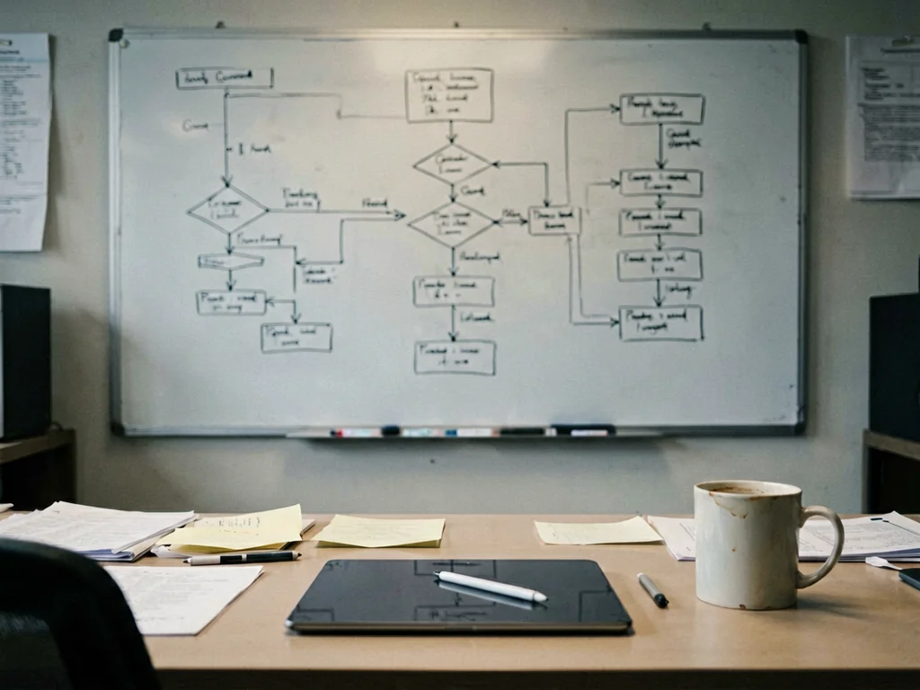 Software developer desk with whiteboard showing hand-drawn workflow diagrams with decision branches and fallback paths