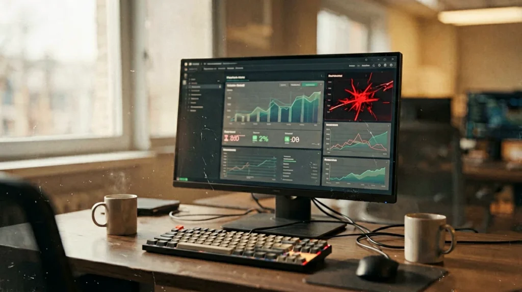Professional security operations center workspace showing workflow monitoring dashboard with error state indicators