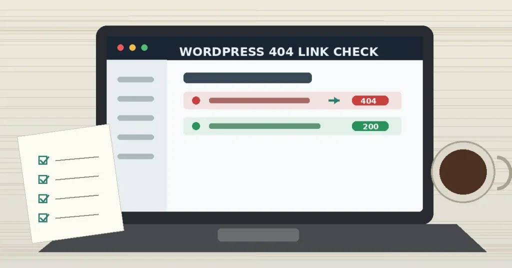 WordPress editor reviewing an internal link report and fixing a 404 link to return status 200