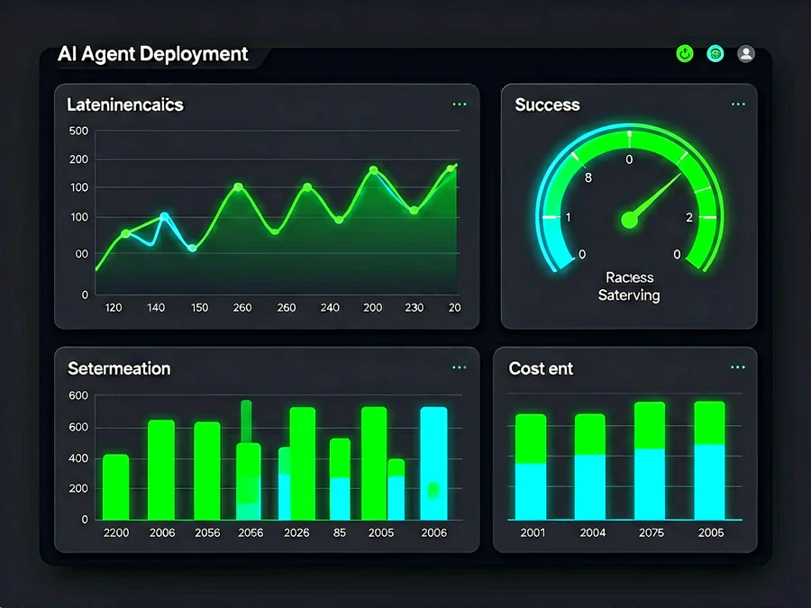 AI agent deployment monitoring dashboard showing metrics latency trends and cost tracking