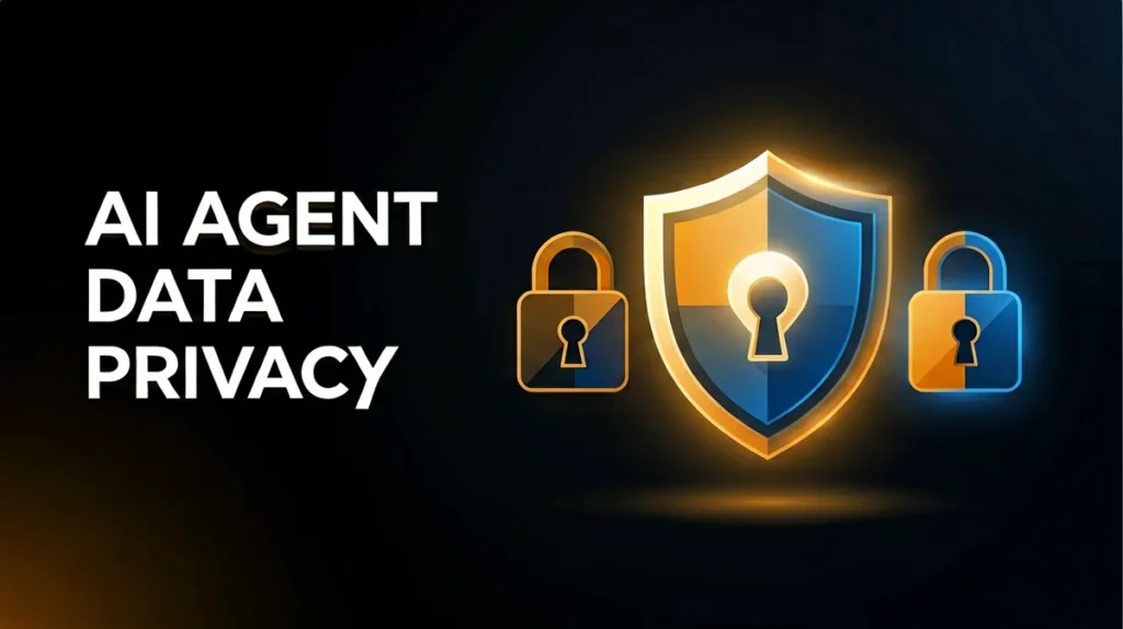 Shield and lock icon representing AI agent data privacy protection on dark background