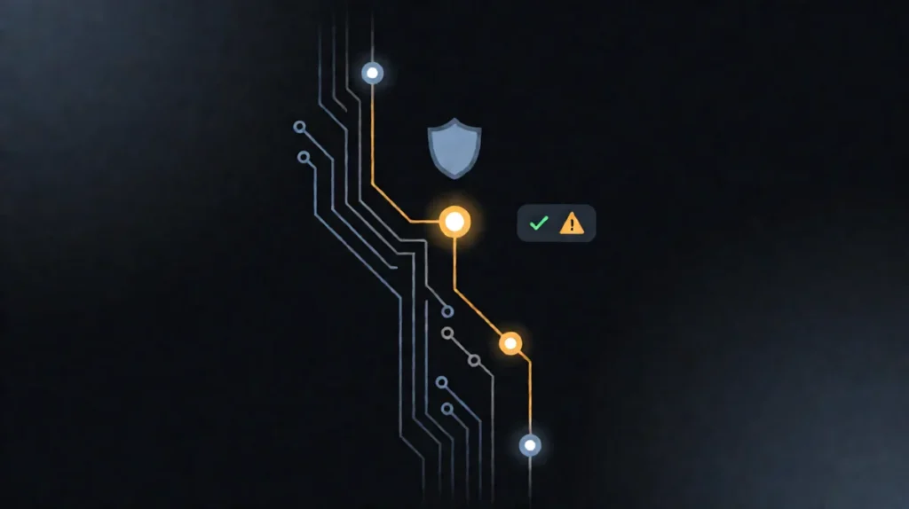 AI Agent Fallback Strategies hero illustration showing circuit branching with amber-gold accents on dark background