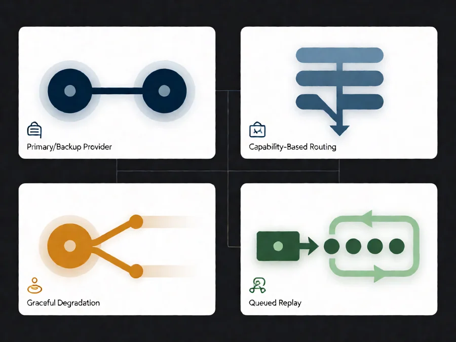 Four-panel comparison infographic showing Primary/Backup, Capability-Based Routing, Graceful Degradation, and Queued Replay patterns