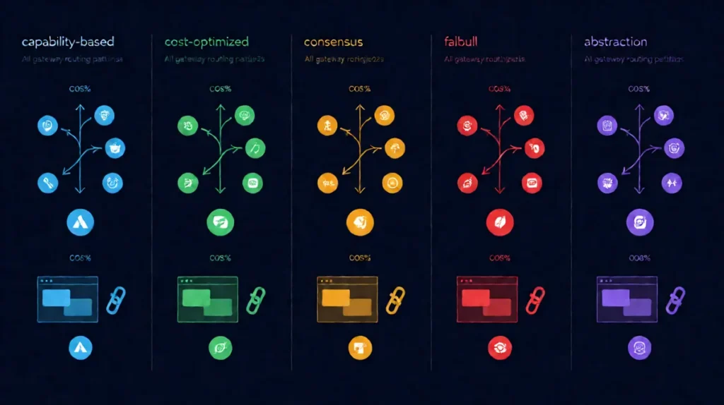 AI Agent Gateway Patterns infographic showing five routing strategies for multi-provider LLM systems