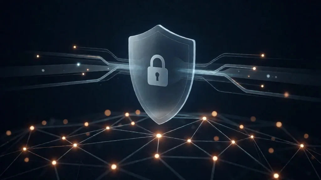 Futuristic security shield protecting AI agent network from malicious inputs