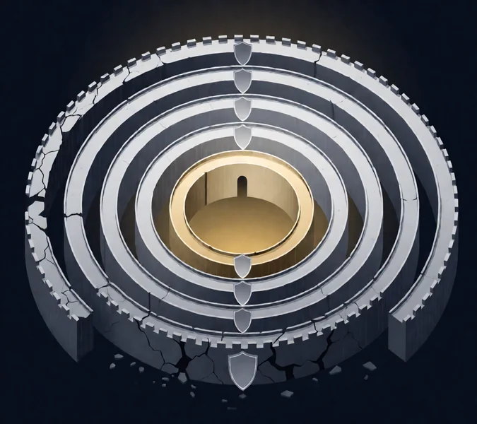 Layered fortress visualization representing defense in depth security strategy with concentric barriers protecting the core AI agent system