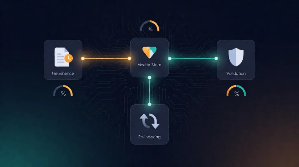 AI Agent knowledge base maintenance dashboard showing vector store and source nodes