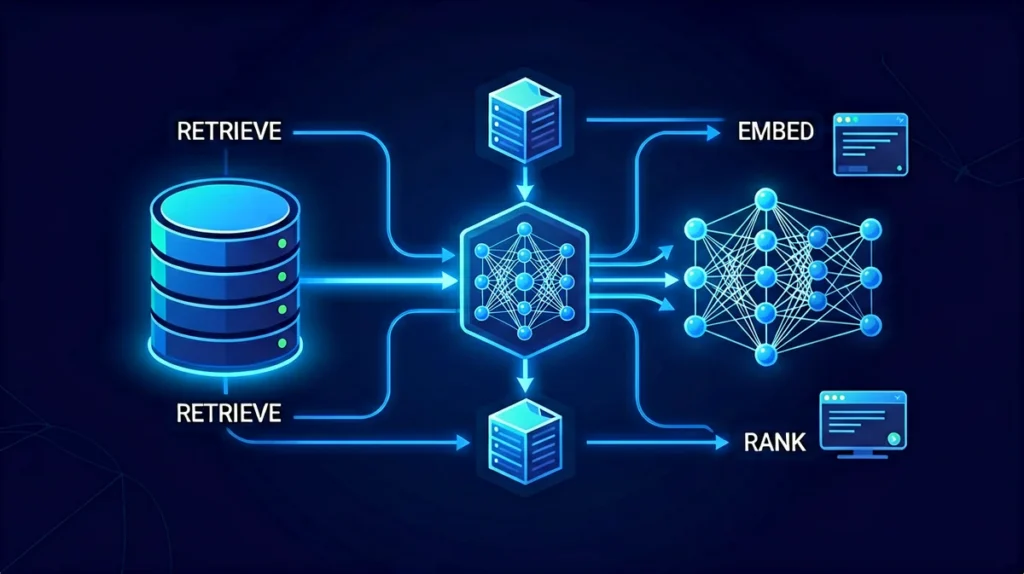 AI Agent RAG Implementation diagram showing retrieval-augmented generation workflow with document chunks and embedding vectors