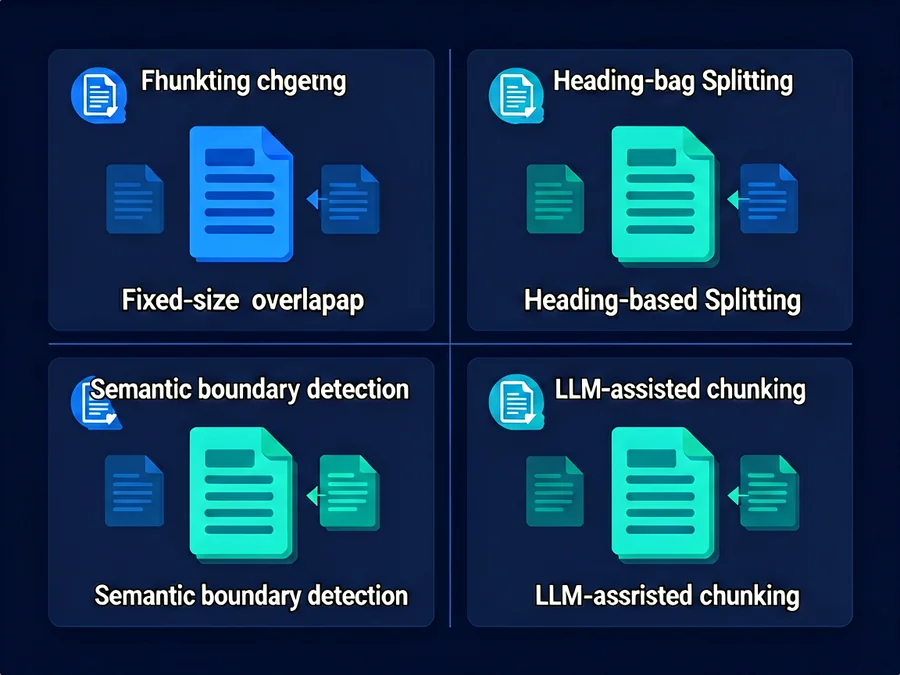 RAG chunking strategies comparison infographic showing fixed-size, heading-based, semantic, and LLM-assisted chunking methods