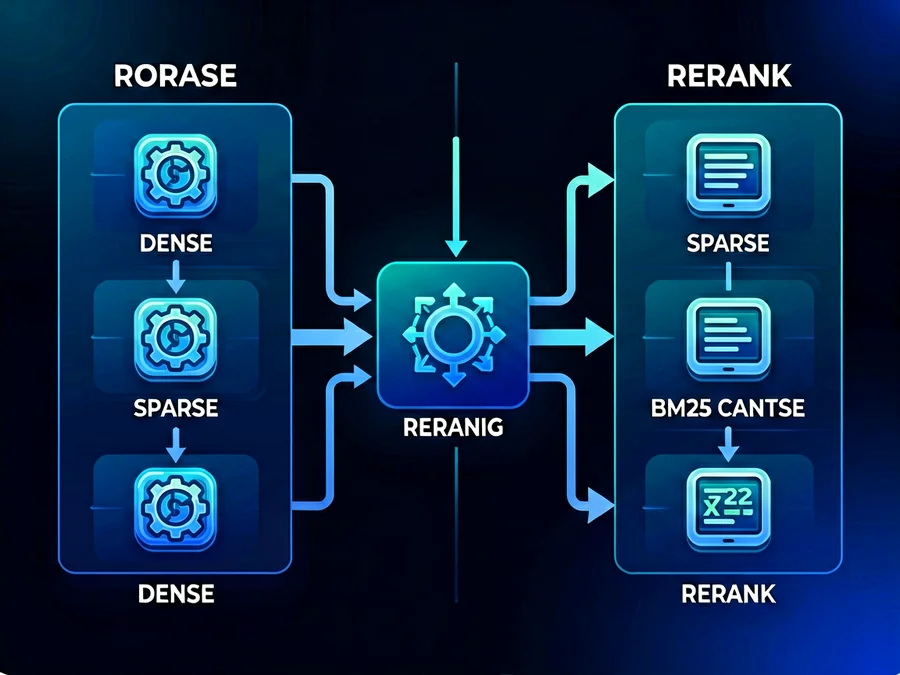 Hybrid retrieval architecture diagram showing dense vector search combined with sparse BM25 lexical search and cross-encoder reranking