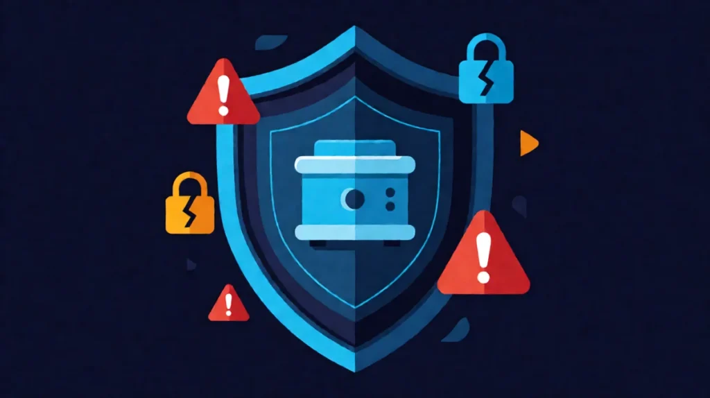 AI Agent security shield protecting data vault from external threats - layered defense in depth visualization