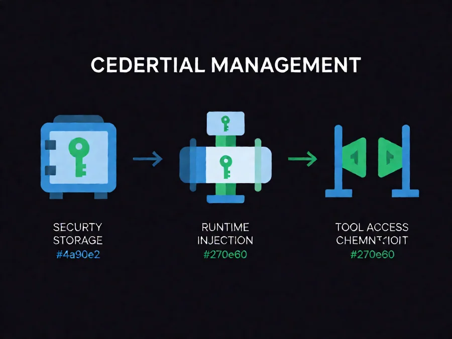 Credential management security flow diagram showing secure storage, runtime injection, and tool access checkpoint stages