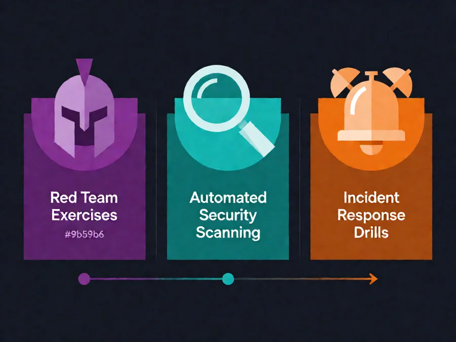 Three security testing approaches comparison chart: red team exercises, automated scanning, and incident response drills