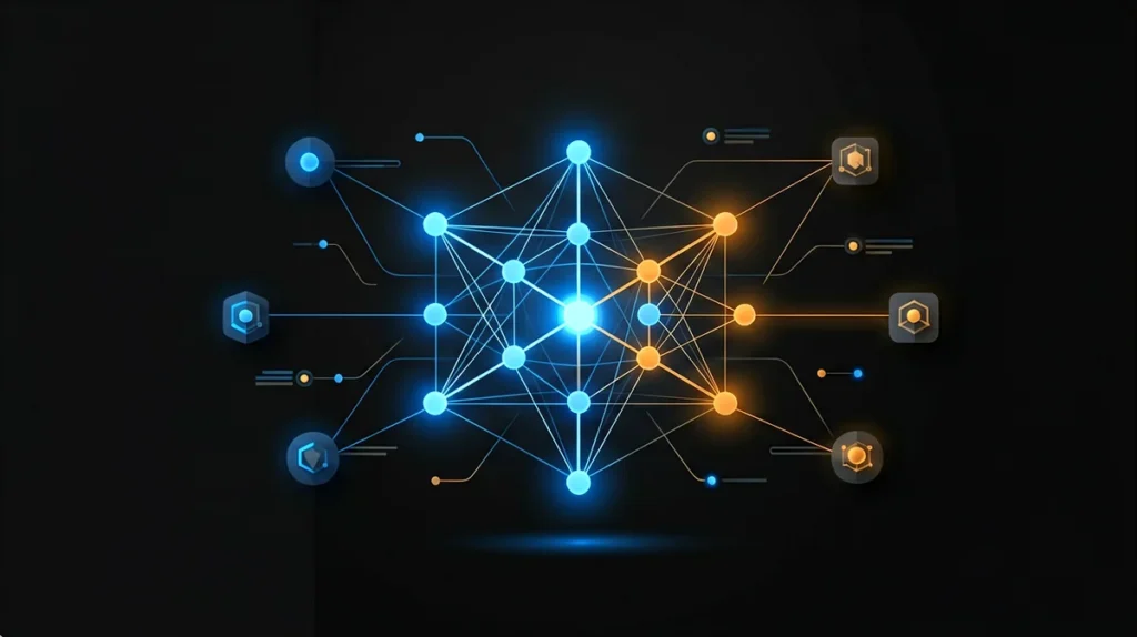 Technology concept illustration showing AI agent neural network nodes with blue and amber accents on dark background