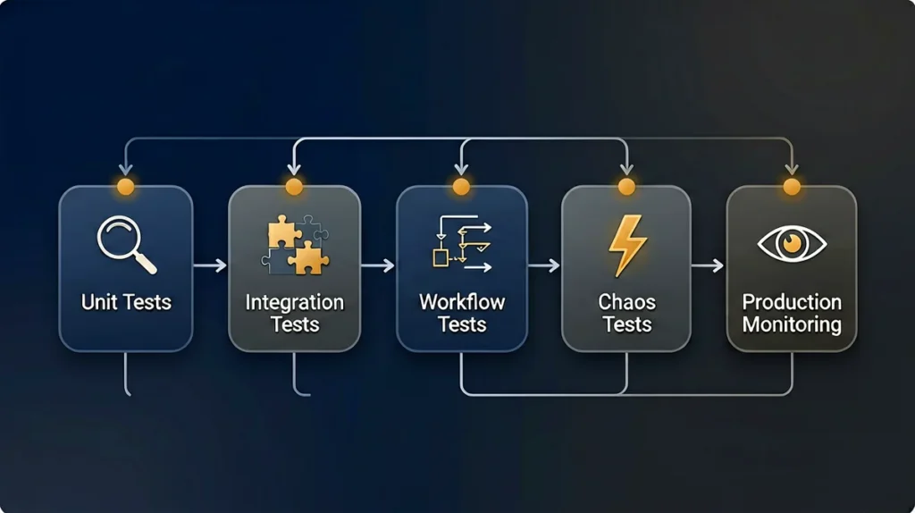 AI agent testing workflow diagram showing unit tests integration tests and production validation stages