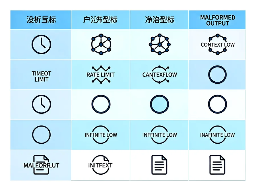 AI agent failure mode analysis table showing common test failures and recovery strategies