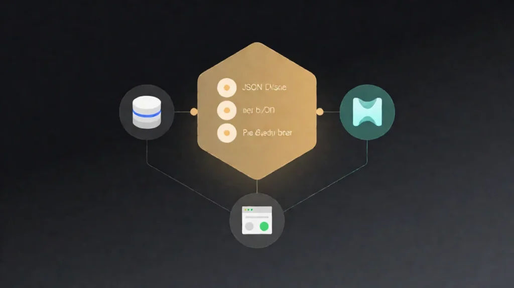 Dark tech hero showing AI agent tool calling architecture with connected service nodes and structured JSON interface on charcoal background
