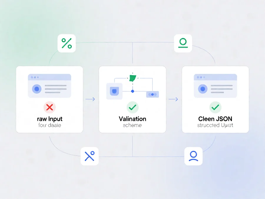 Parameter validation flow diagram showing raw input validation schema and structured output for AI agent tool calling