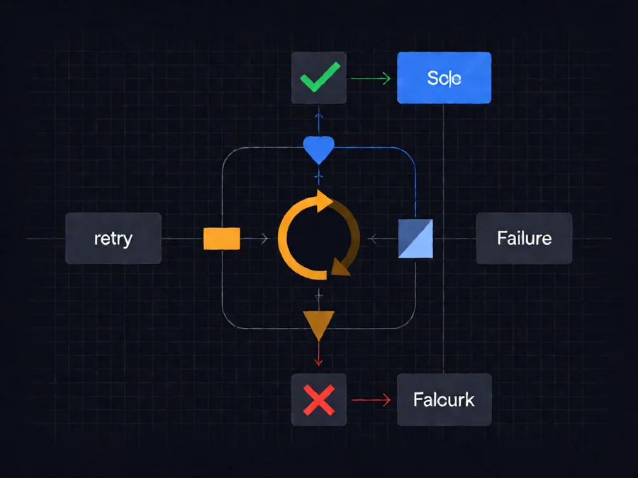 Agent retry and error handling patterns with success retry and failure fallback paths in modern technical diagram style
