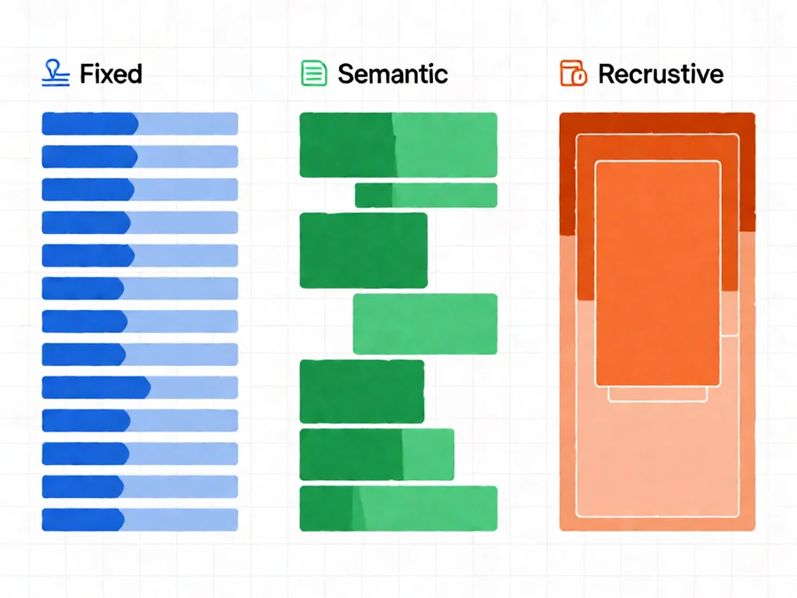 Comparison of three chunking strategies: fixed, semantic, and recursive
