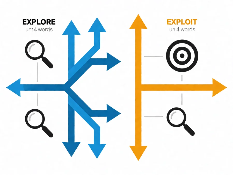 Exploration vs exploitation visualization showing an agent choosing between known high-reward paths and unknown探索 paths with uncertain outcomes