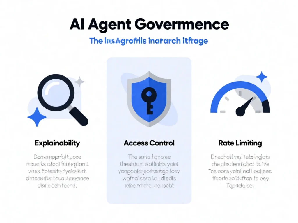 AI Agent Governance Framework infographic showing explainability, access control, and rate limiting pillars
