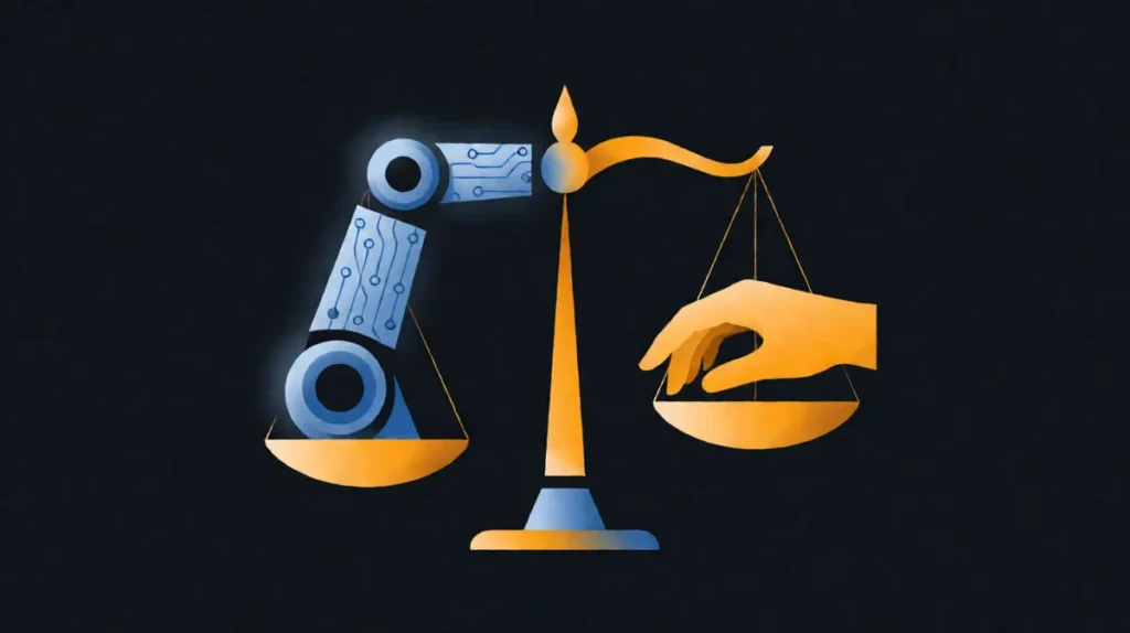 Featured image showing AI-human balance scale