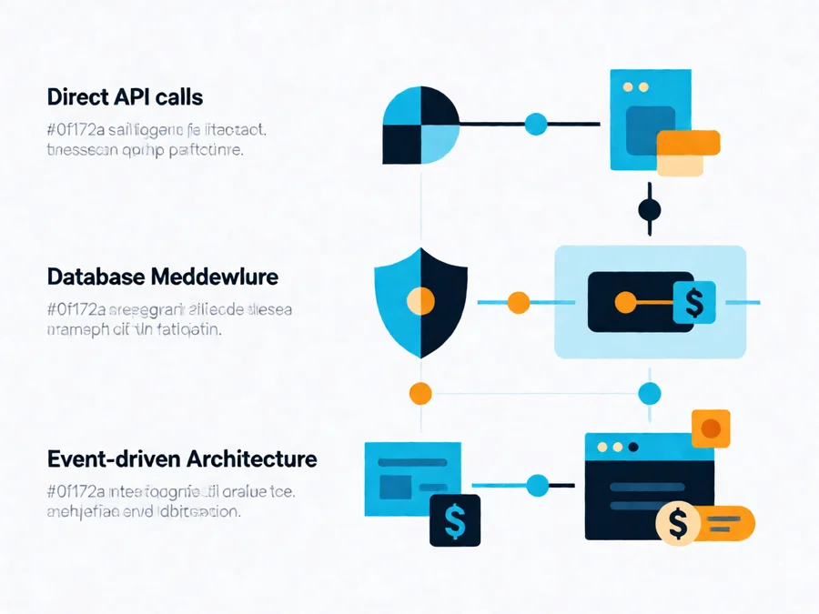 Three core AI agent integration patterns: direct API calls, database middleware, and event-driven architecture