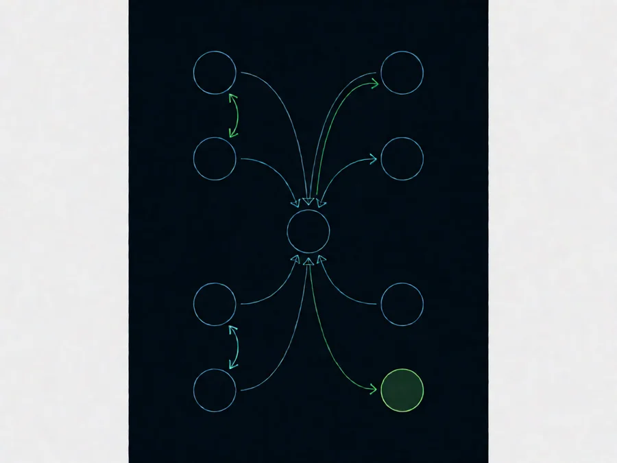Graph-based orchestration pattern diagram showing interconnected decision nodes with feedback loops and retry logic